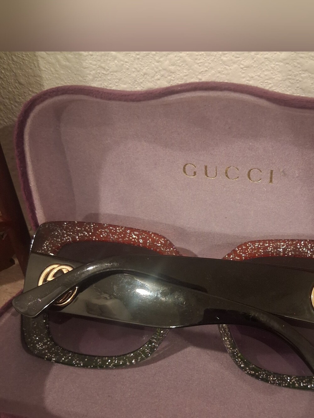 Gucci Black Glitter Square Sunglasses with Gold Accent